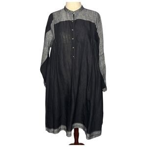 Injiri Dress 42 US XL Black Grey 100% Linen Long Sleeve Maxi India Boho